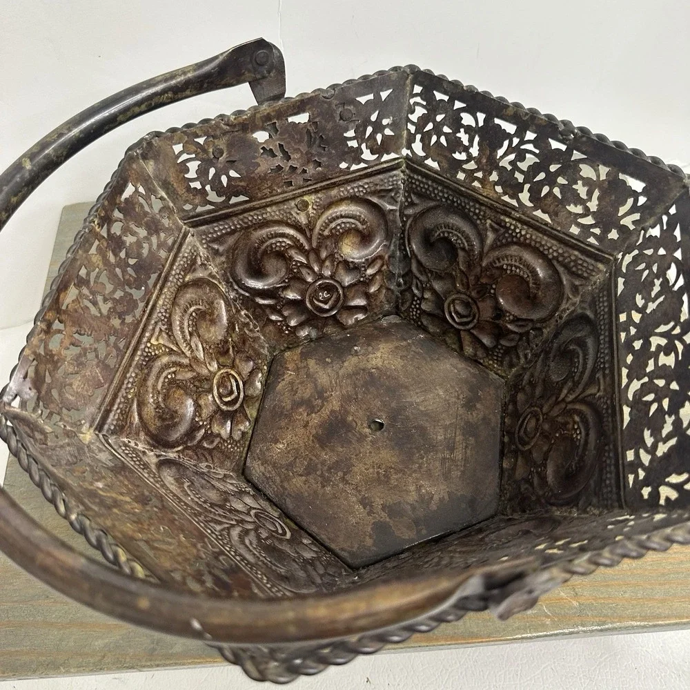 Vintage Antiqued Bronze Tone Metal Basket Ornate Swing Handle Fruit Wedding 10